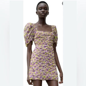 zara purple floral puff sleeve chiffon ruched mini dress square neck size S NWT